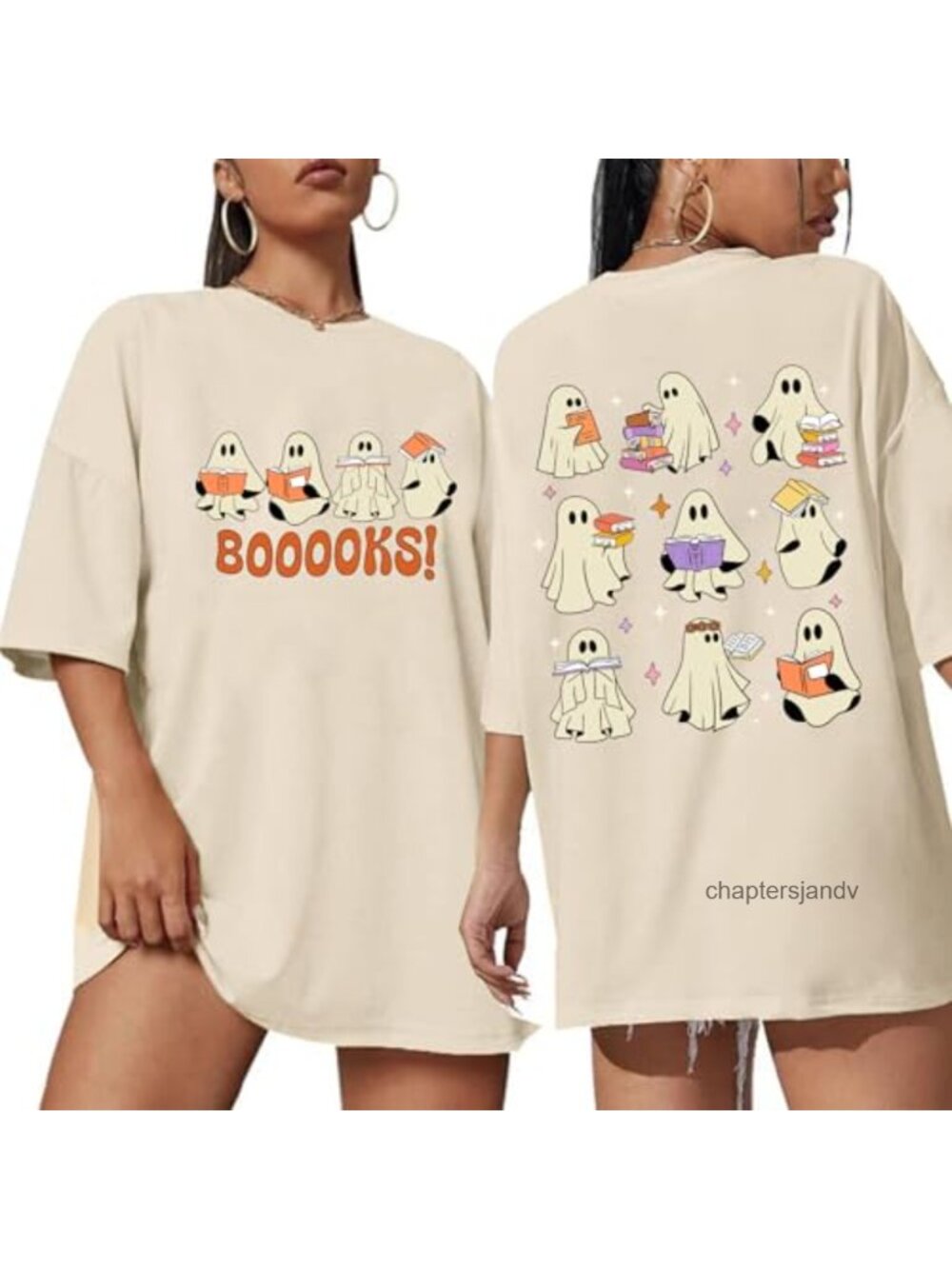 Oversized Ghost Reading Books Halloween Tee Short Sleeve Crew Neck Cotton Blend